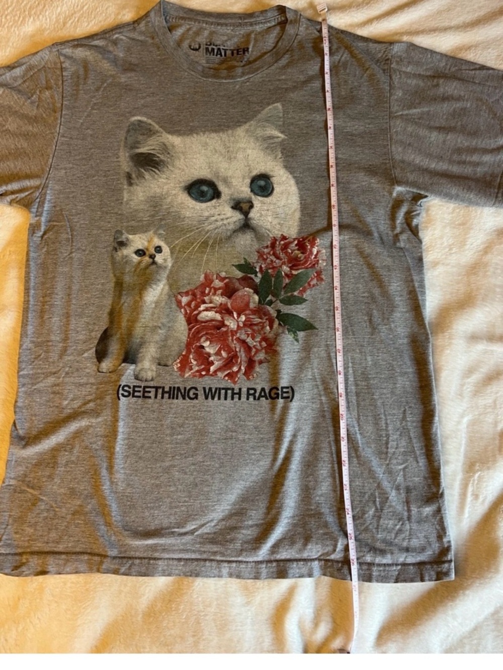 Black Matter Gray Cat Graphic Tee with Blue-Eyed Cat and Red Floral Print